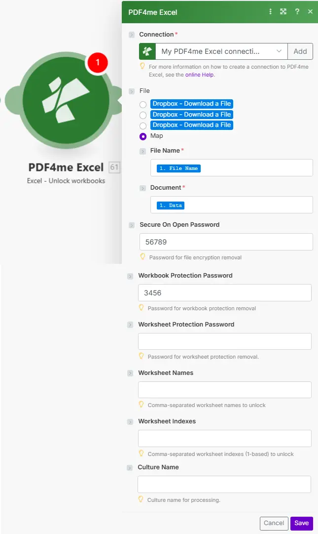 El módulo PDF4me Excel Unlock muestra la conexión establecida en Mi conexión PDF4me Excel, el archivo establecido en Asignar con el nombre del archivo y el documento asignados desde el paso 1, la contraseña de seguridad al abrir establecida en 56789, la contraseña de protección del libro establecida en 3456, la contraseña de protección de la hoja de cálculo vacía, los nombres de las hojas de cálculo vacíos, los índices de las hojas de cálculo vacíos y el nombre de la cultura vacíos.